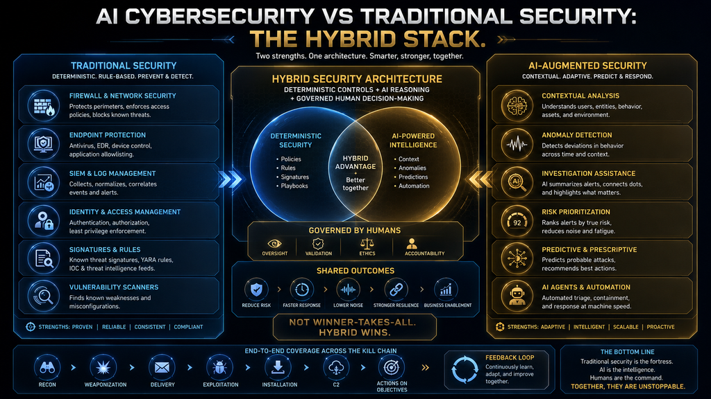 Hybrid cybersecurity architecture combining traditional security controls with AI-assisted analysis and human governance.