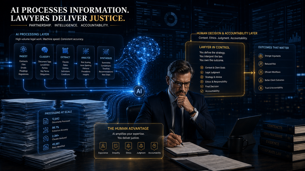 Legal professional retaining final accountability while AI handles information processing and workflow acceleration.