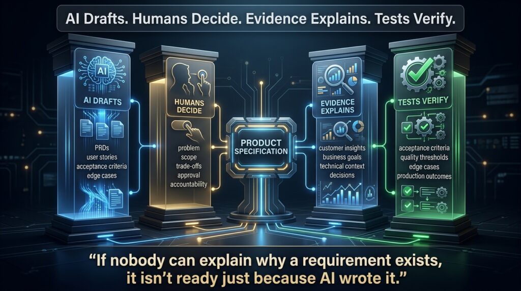 Final AI PRD takeaway showing drafting, human decisions, evidence traceability and testing