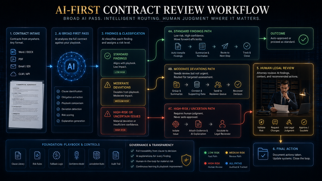 AI contract-review workflow routing standard findings automatically and escalating uncertain or high-risk issues to human legal review.