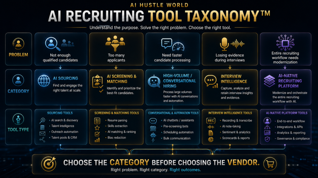 AI recruiting tool taxonomy showing sourcing screening matching interviewing and platform categories