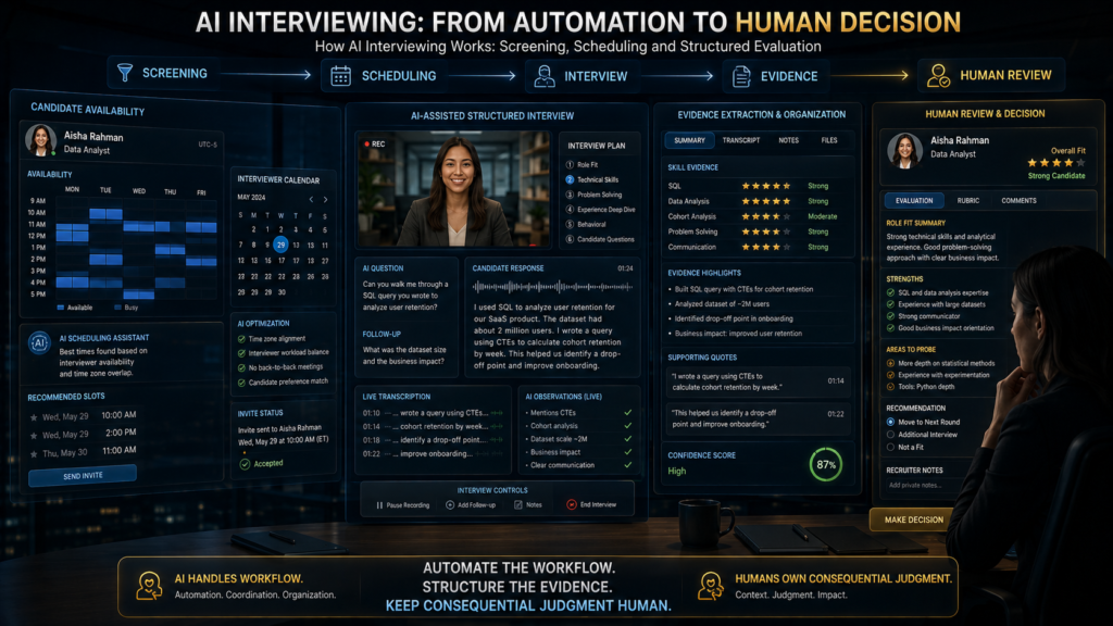 AI interviewing workflow showing screening, scheduling, structured evaluation and human decision-making