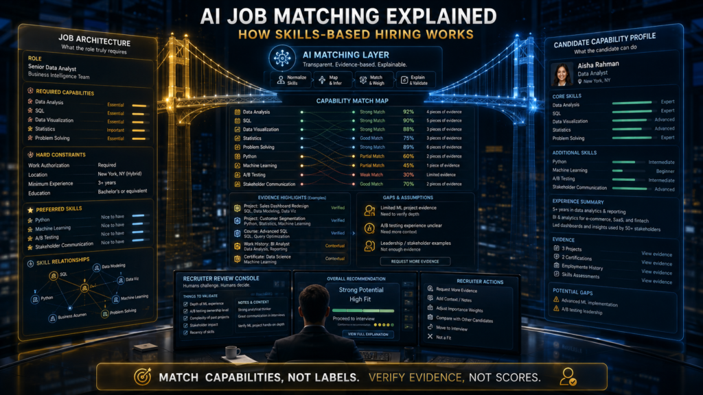 AI job matching showing skills, candidate evidence, job requirements and human recruiter review