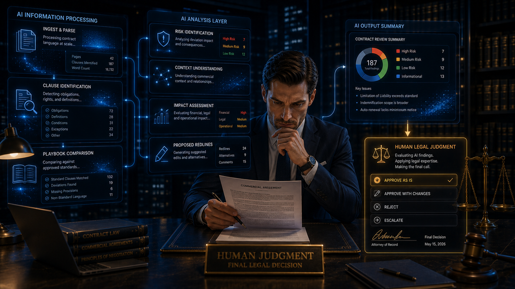 Human legal professional making the final contract decision while AI organizes clauses, risks and proposed redlines.