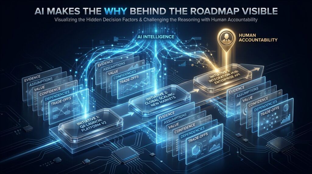 AI-assisted product roadmap showing evidence, assumptions, trade-offs, dependencies, and human accountability behind product priorities.
