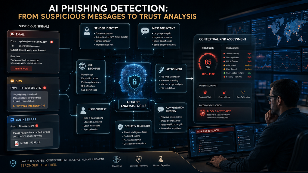 AI phishing detection analyzing sender identity, message intent, URLs, context and security telemetry