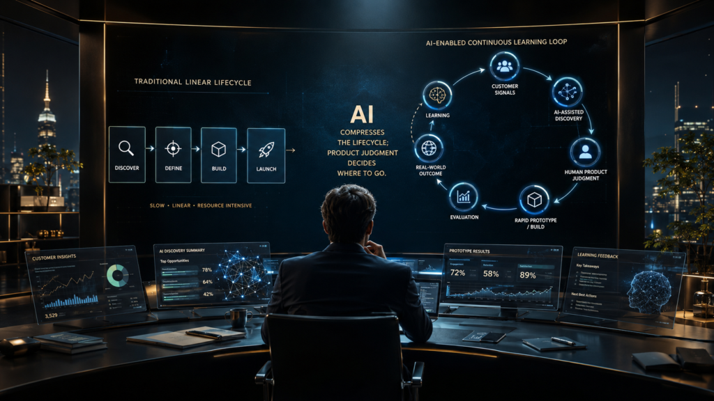 AI product management lifecycle showing discovery, build, evaluation, learning and human product judgment
