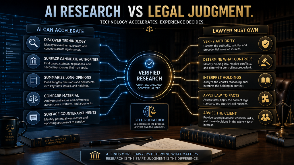 Comparison showing AI research tasks versus legal judgment tasks that remain with lawyers