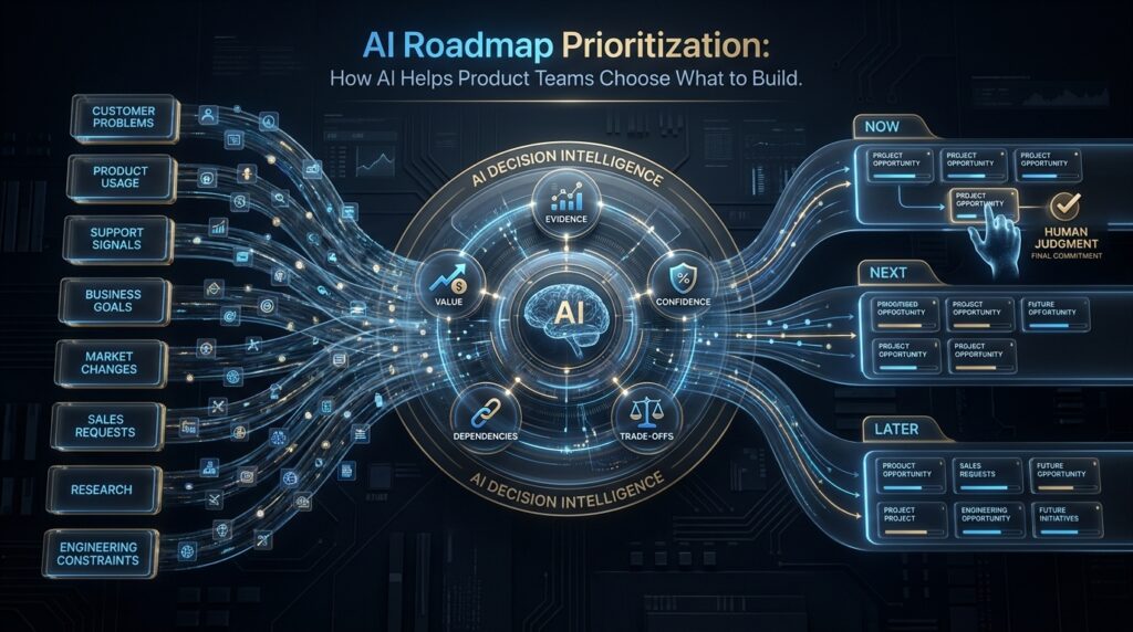 AI roadmap prioritization showing competing product opportunities transformed into a focused roadmap through evidence, constraints, and human judgment.