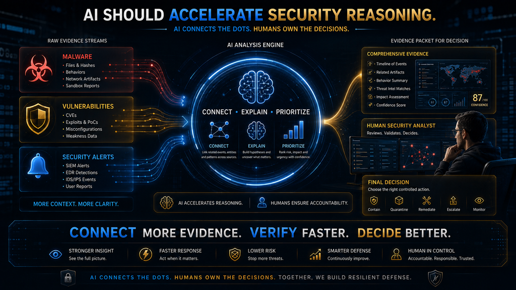 Final AI cybersecurity concept showing AI connecting malware, vulnerability and alert evidence to better human security decisions.