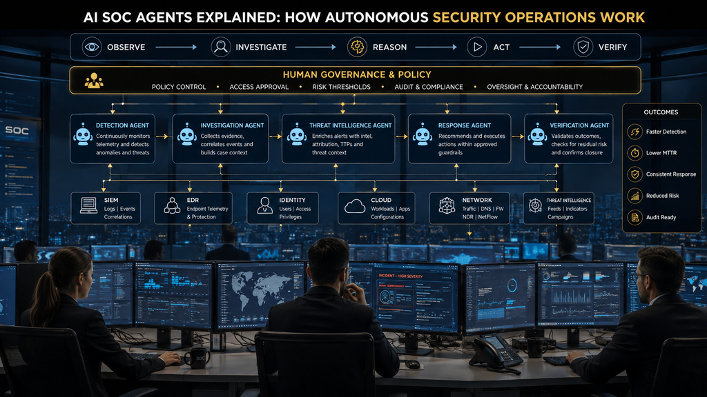 AI SOC agents coordinating detection, investigation, response and verification under human security governance
