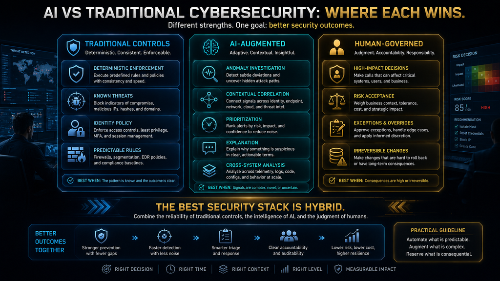 Comparison showing where traditional cybersecurity controls, AI augmentation and human governance each provide the most value.