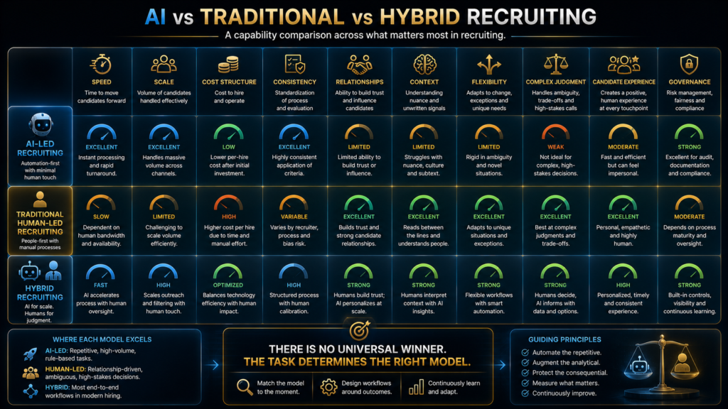 Comparison of AI, traditional and hybrid recruiting across speed, scale, relationships and judgment