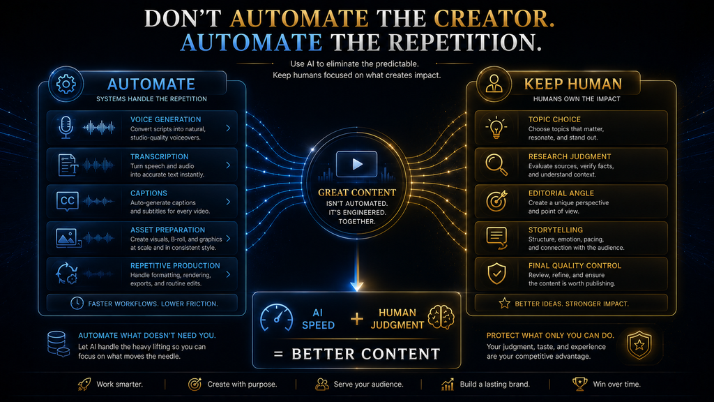 Human judgment and AI automation framework for faceless YouTube channels