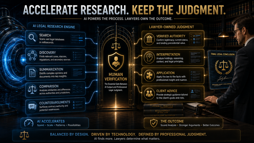 Final visual showing AI accelerating legal research while lawyers retain verification and professional judgment.