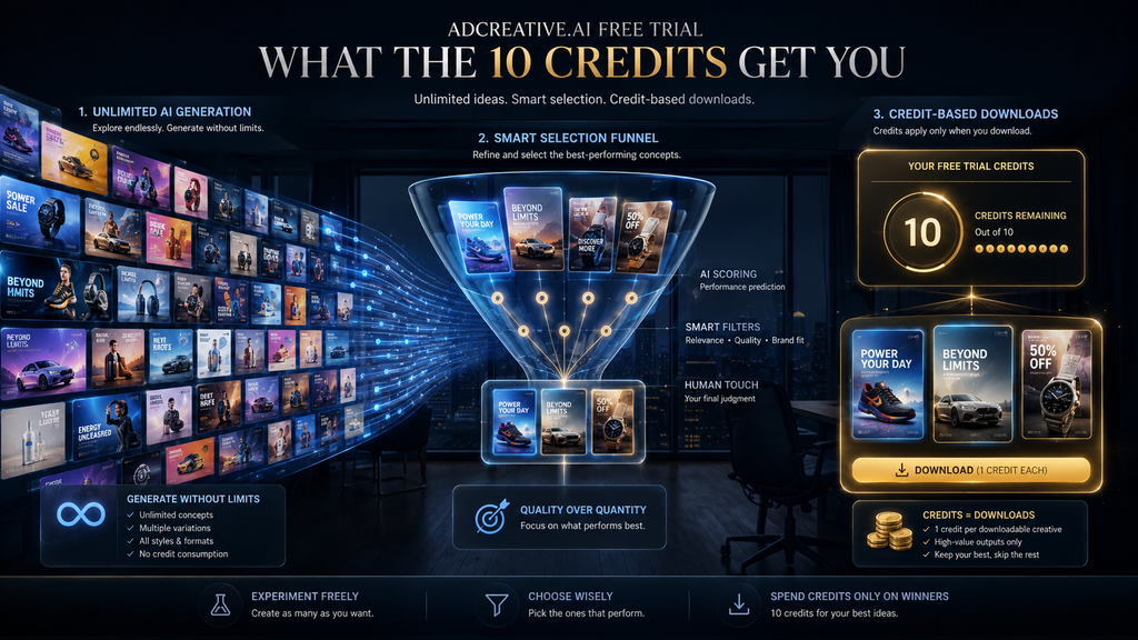 AdCreative.ai free trial visual showing unlimited creative generation flowing through selection into 10 downloadable credits.