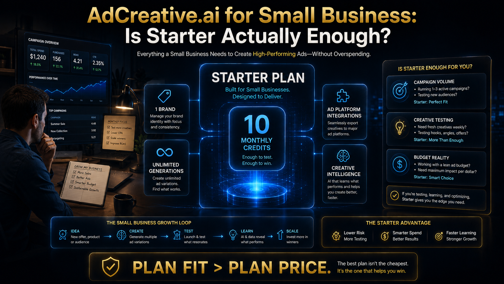 AdCreative.ai Starter plan evaluated for small-business advertising workload and creative testing.