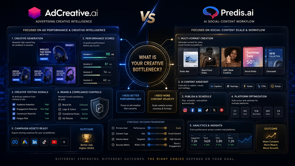 AdCreative.ai vs Predis.ai comparison showing advertising-focused creative intelligence versus broader social content production