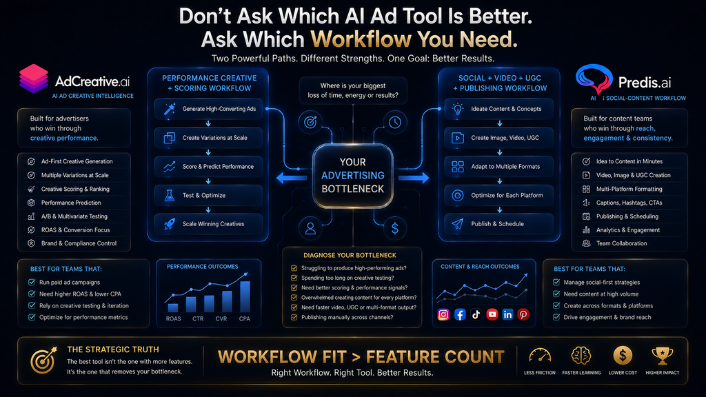 Premium 16:9 final takeaway infographic titled “Don’t Ask Which AI Ad Tool Is Better. Ask Which Workflow You Need.” Central glass decision node labeled “YOUR ADVERTISING BOTTLENECK”. Two sophisticated branches: “Performance Creative + Scoring” leading toward AdCreative.ai, and “Social + Video + UGC + Publishing” leading toward Predis.ai. Bottom strategic principle in subtle gold: “WORKFLOW FIT > FEATURE COUNT”. Luxury black and deep navy background, electric blue branching connections, subtle gold decision highlights, premium glassmorphism, cinematic technology-magazine lighting, elegant enterprise strategy aesthetic, realistic futuristic marketing technology, minimal clutter, 8K.