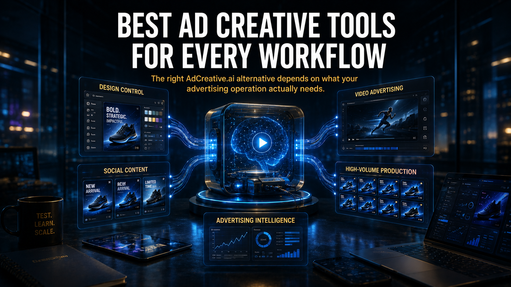 Premium AI advertising creative workflow showing different paths for design, social content, video, production volume and creative intelligence.