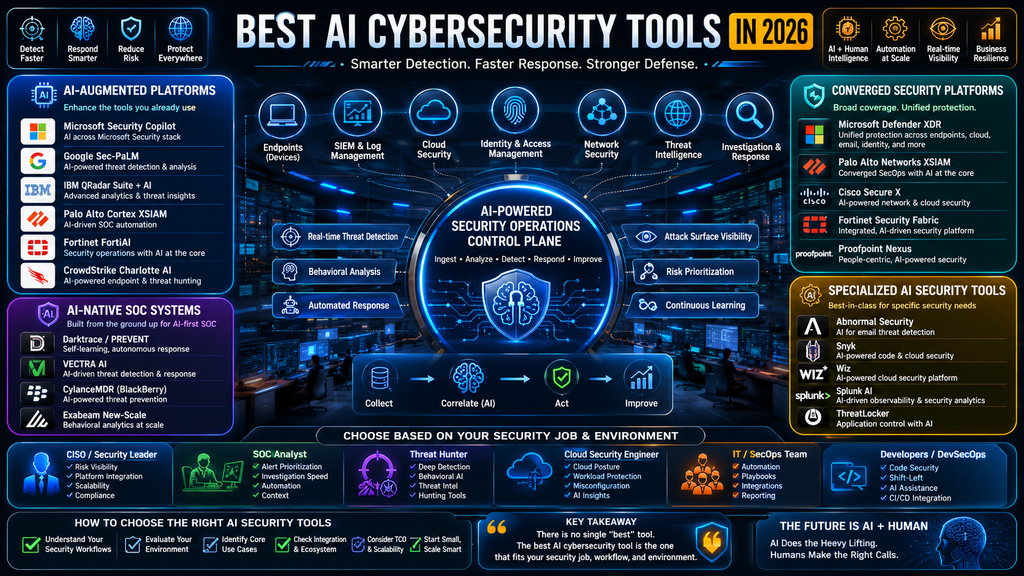 Best AI cybersecurity tools in 2026 organized by platform type and security workload.