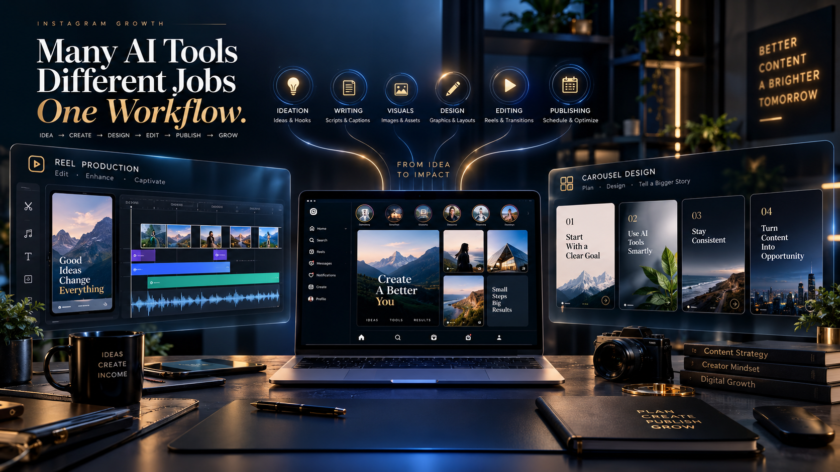 Best AI tools for Instagram Reels & carousels shown as a two-path content workflow for video editing and carousel design.