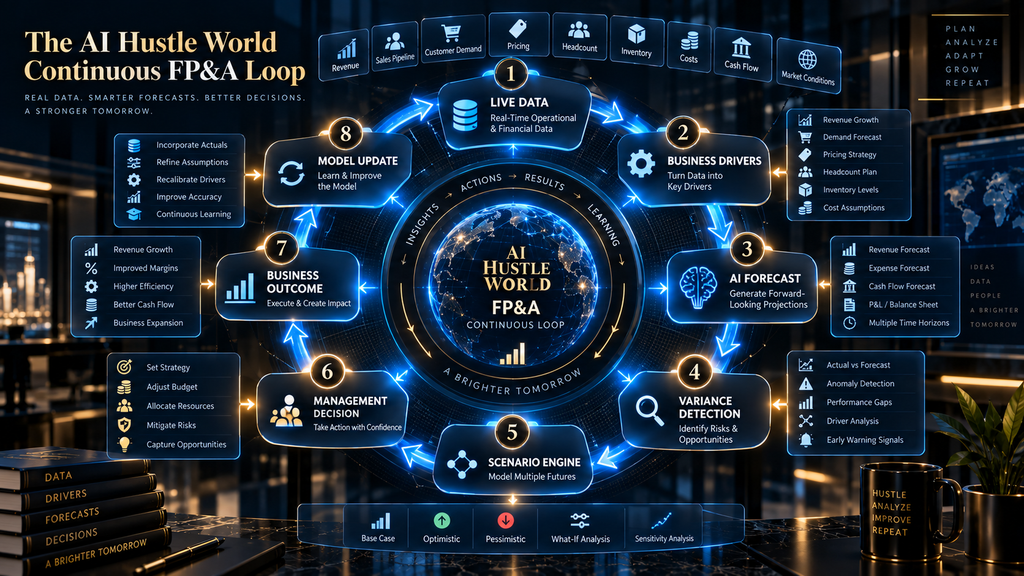 AI Hustle World Continuous FP&A Loop connecting live data, forecasts, scenarios, decisions and model updates