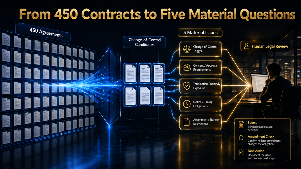 Portfolio review identifies change-of-control clauses across many agreements and routes material candidates to human legal review.