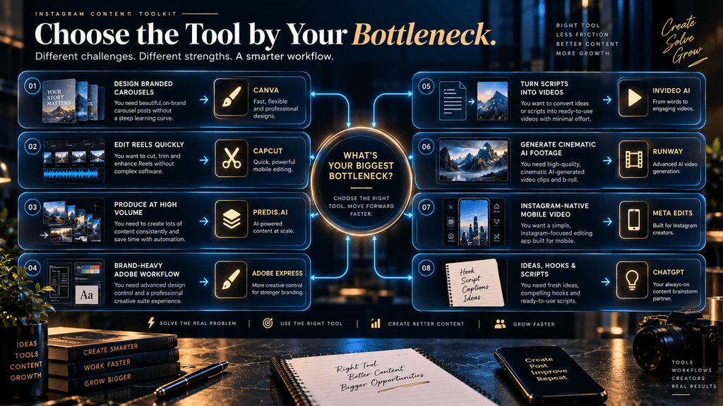 Decision matrix matching Instagram content-production bottlenecks with suitable AI tools for Reels and carousels.