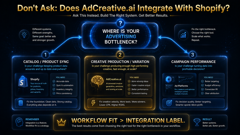 Final decision framework showing whether Shopify, AdCreative.ai, or ad platforms solve the merchant's primary bottleneck.
