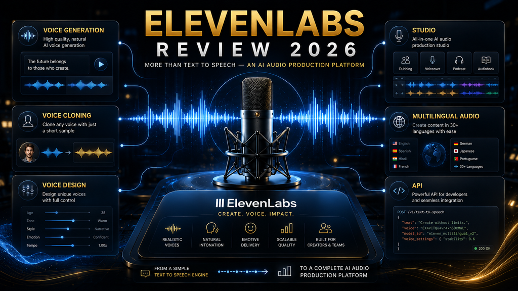 ElevenLabs review showing voice generation, cloning, Studio and multilingual audio workflows.