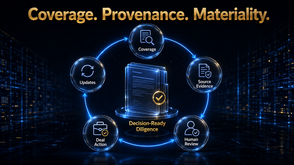 Closed-loop AI diligence system linking document coverage, source evidence, human materiality review, transaction action, and monitoring. 