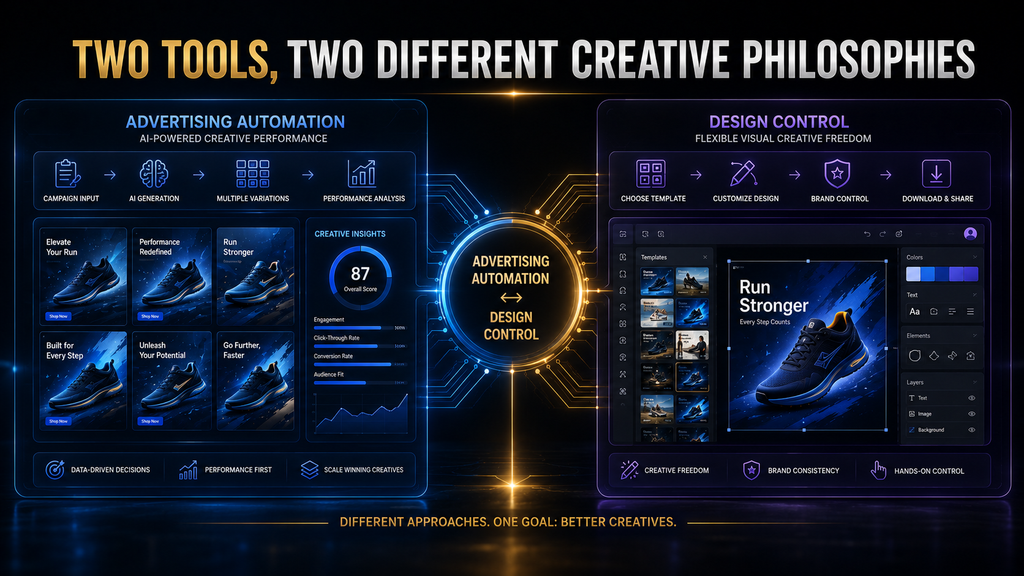 AdCreative.ai and Canva compared by advertising automation and design control.