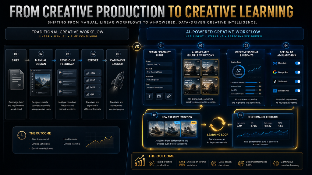 Diagram showing how AI advertising creative generation connects production, scoring, deployment, and feedback.