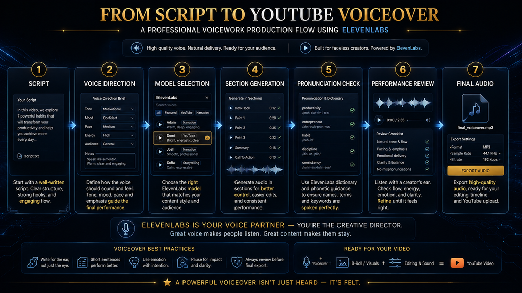 Step-by-step ElevenLabs workflow for turning a YouTube script into narration