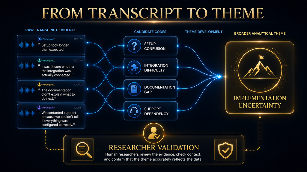 Interview transcript passages grouped into codes and combined into the broader theme of implementation uncertainty.
