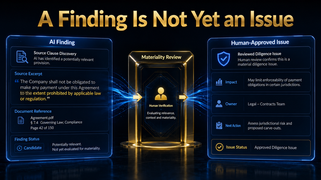 Comparison of AI source finding with a human-approved material diligence issue.