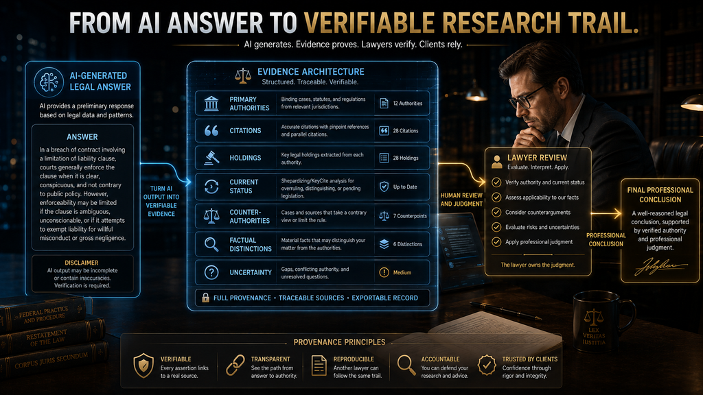 Future legal AI workflow connecting generated answers to a verifiable authority and evidence trail.