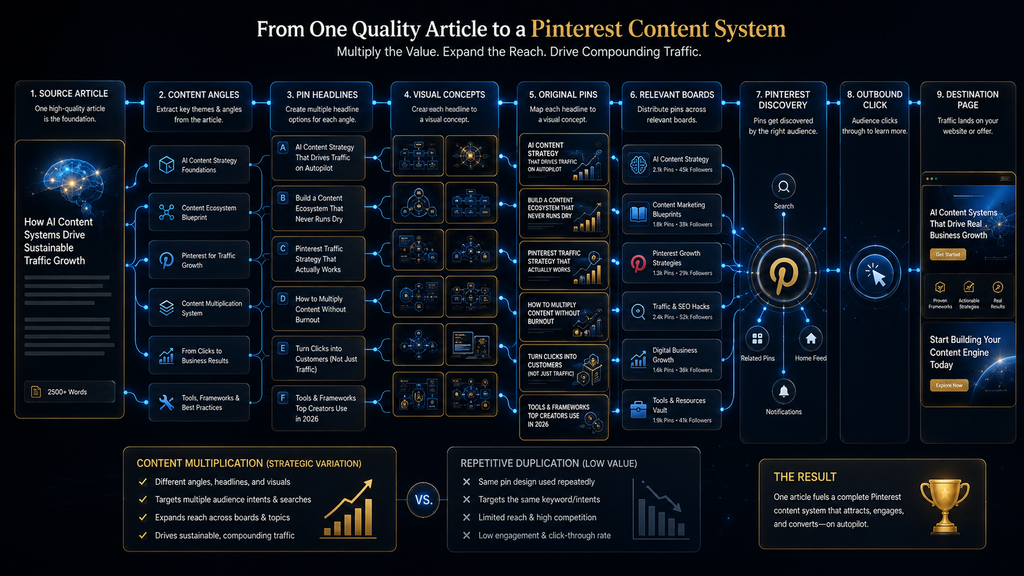 Process showing how one article becomes multiple Pinterest content opportunities and website traffic