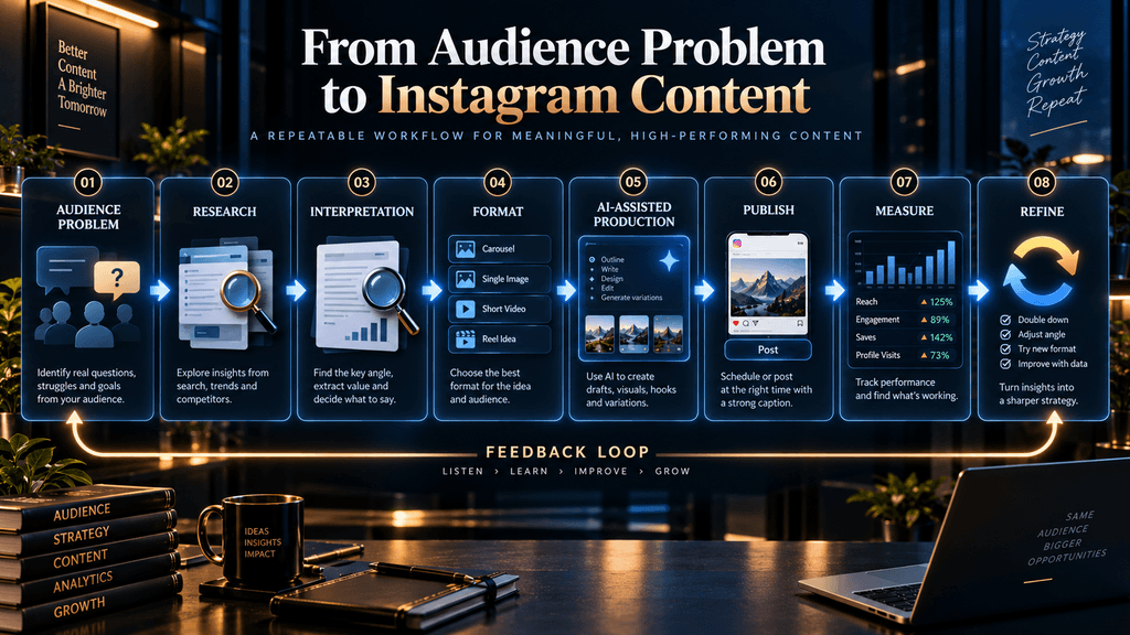 Faceless Instagram content workflow from audience problem and research through interpretation, AI-assisted production, publishing, measurement and refinement.
