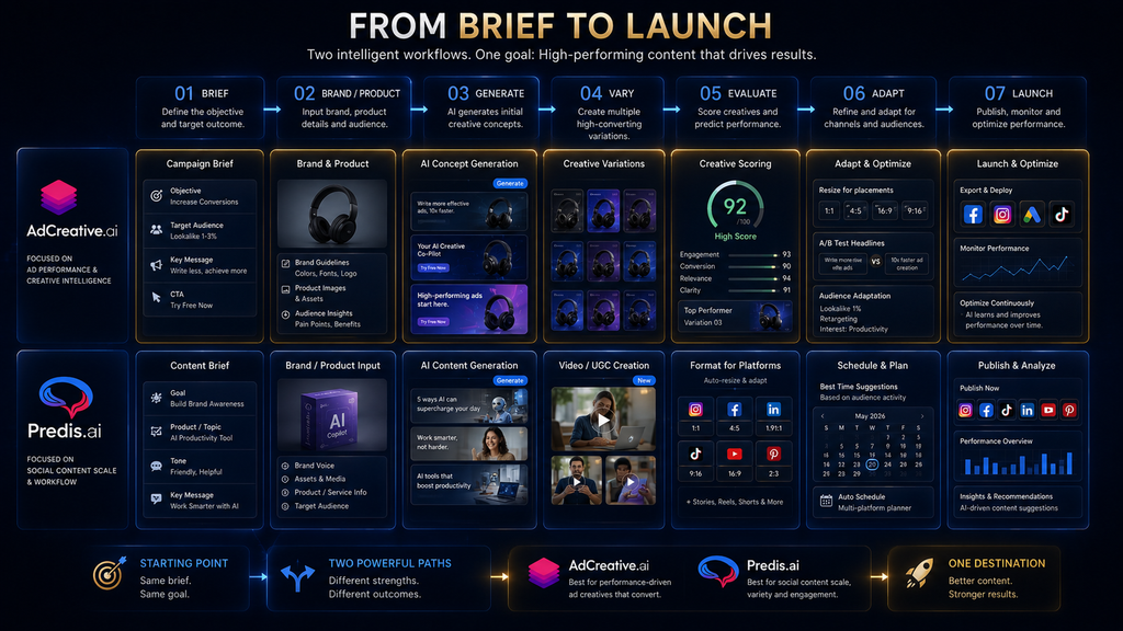 Workflow comparison showing where AdCreative.ai and Predis.ai fit from advertising brief to campaign launch