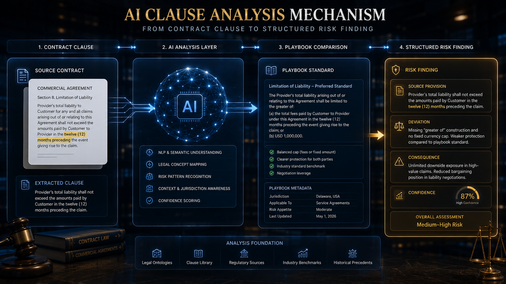 AI contract-review process comparing a clause with a playbook standard and producing an evidence-backed risk finding.