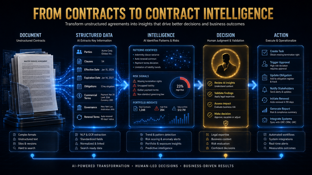 Contract intelligence workflow showing how AI converts legal documents into structured information, decisions and actions.