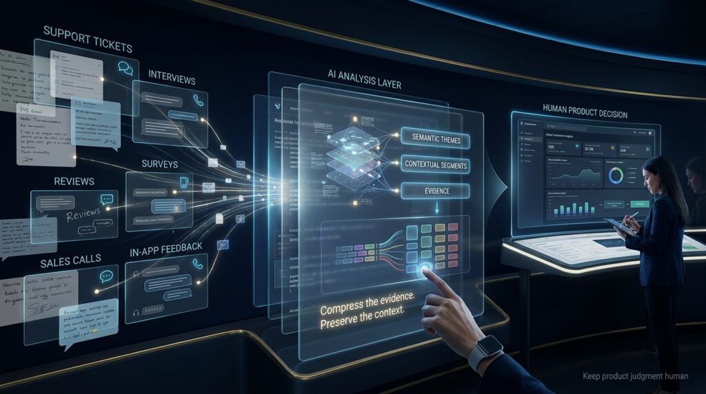 AI customer feedback analysis turning scattered customer signals into themes, evidence and product insights.
AI Turns Customer Feedback