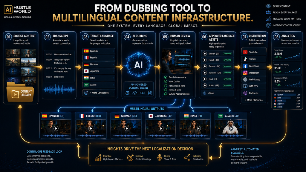 Advanced framework showing how API-powered AI dubbing can become multilingual content infrastructure.