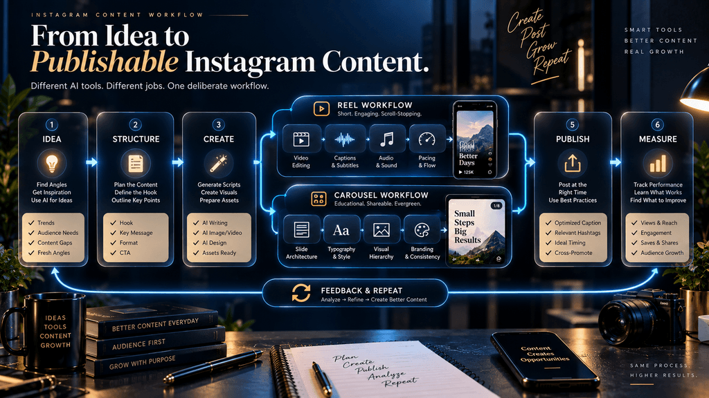 Instagram content production workflow from idea and structure through creation, editing, quality control, publishing and measurement.