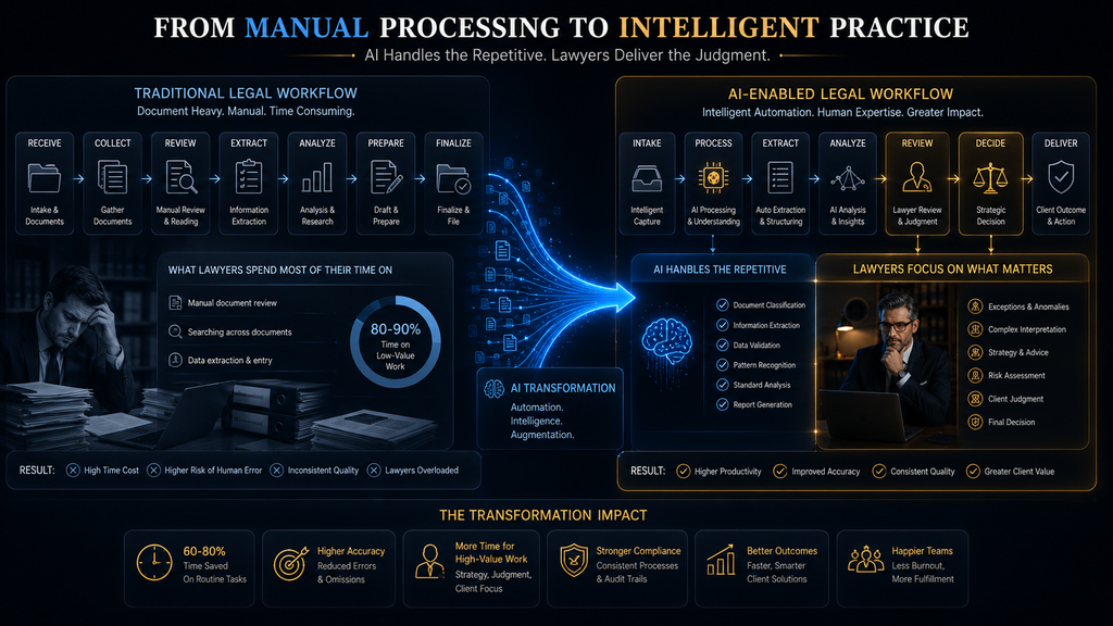 Legal workflow shifting repetitive processing from humans to AI while concentrating professional time on judgment and exceptions.