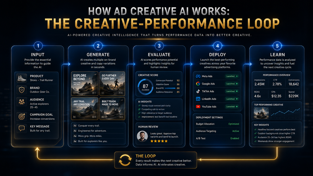 Five-stage AdCreative.ai workflow from campaign input through generation, evaluation, deployment, and learning.