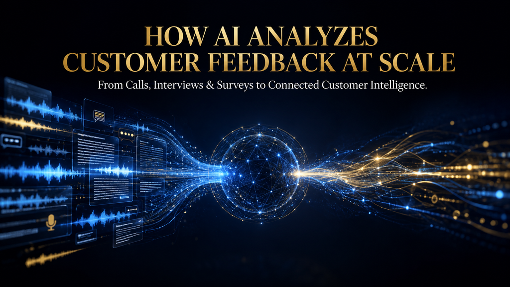 AI analyzing customer calls, interviews and surveys to create connected customer intelligence.