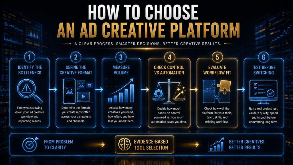 Six-step process for evaluating AdCreative.ai alternatives based on bottlenecks, formats, volume, automation, workflow fit and testing.